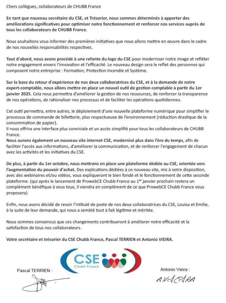 Bureau du CSE: Annonce de Pascal Terrien et Antonio Vieira